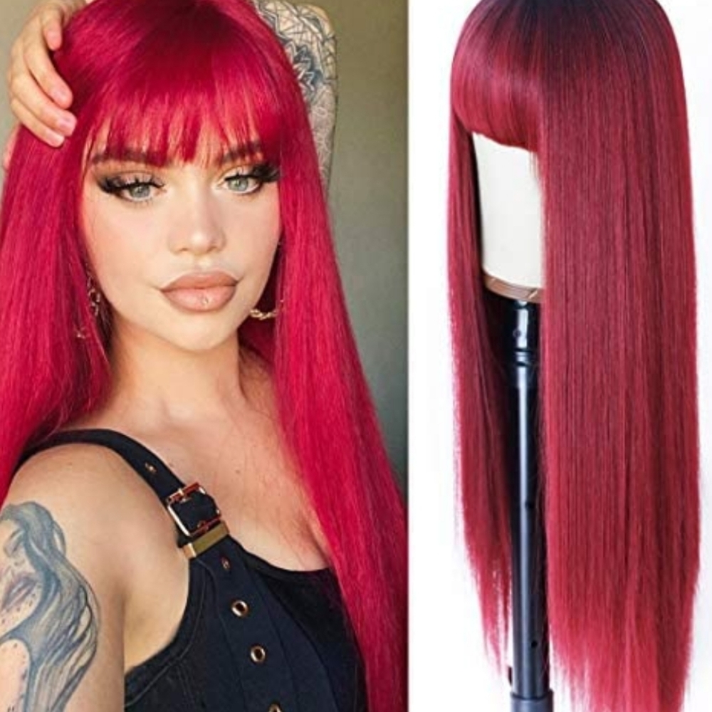 Long Straight Wig Bangs Red Wine Purple Maroon Burgundy Brand New hair full wig